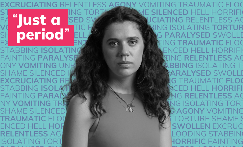 Photo of a young white woman in black and white in front of many words describing periods such as painful, flooding