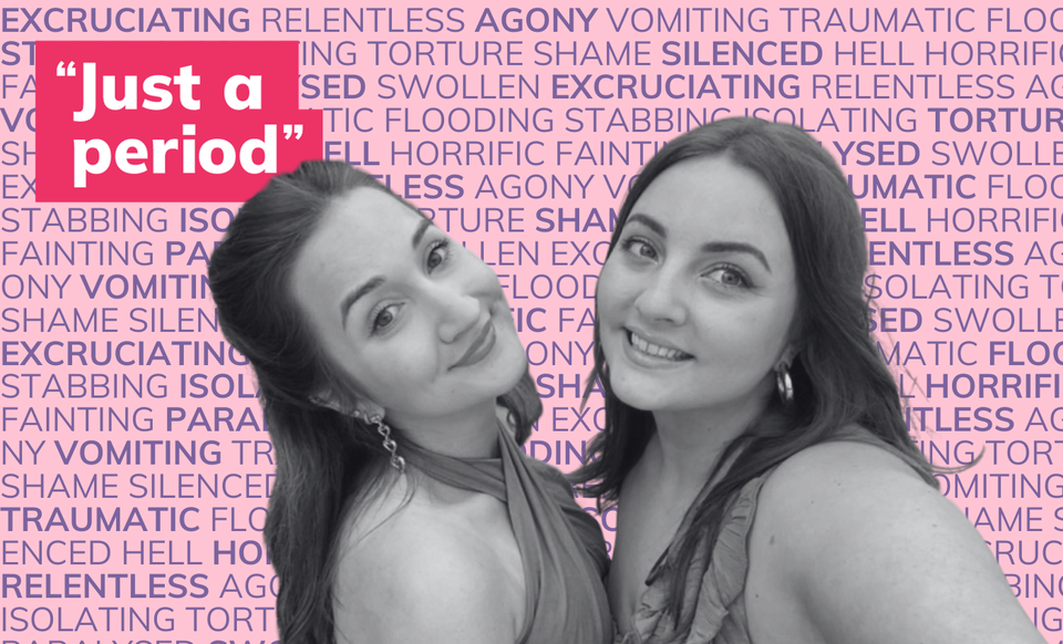 Photo of two young white woman in black and white in front of many words describing periods such as painful, flooding