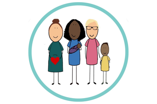 Logo for LGBT mummies, a teal circle outline with 4 illustrated mums in the middle, one holding a baby and another holding hands with a child