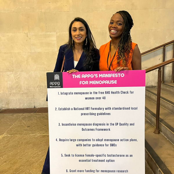 Lavina Metha MBE and Dr Aziza Sesay standing together