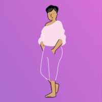 An illustrated middle aged woman she is barefoot and wearing a slouchy light pink jumper and gym leggings