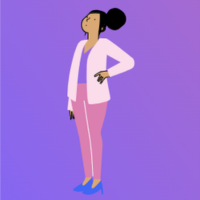 A illustrated woman with her hair up wearing pink blazer and trousers