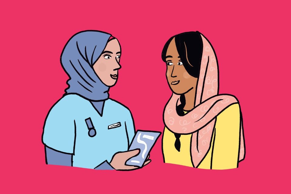 illustration of ethnic healthcare provider in discussion with woman in headscarf