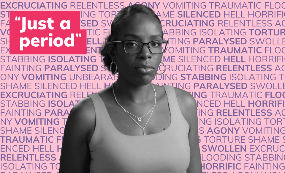 Photo of a young black woman in black and white in front of many words describing periods such as painful, flooding