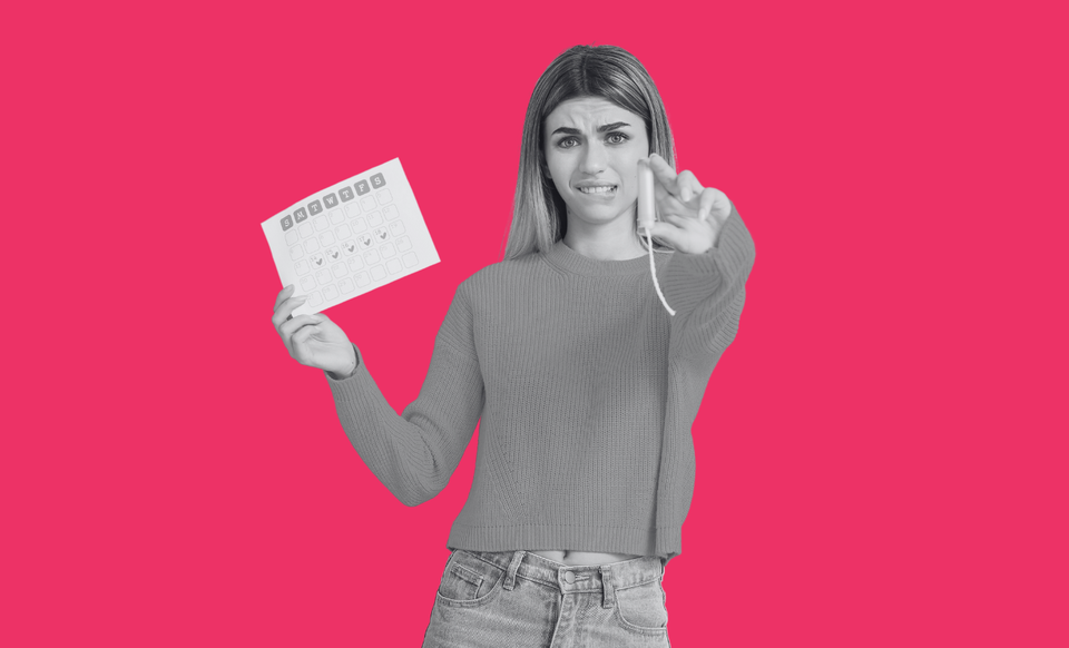 A teenager holding a menstrual calendar and tampon looking ocnfused.