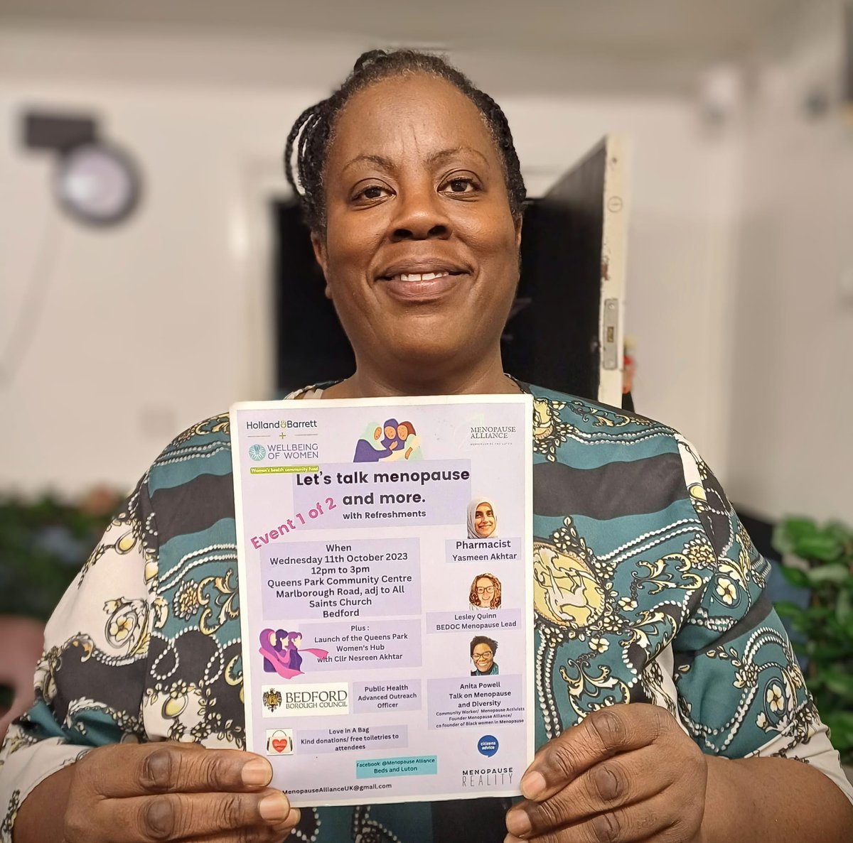 A black women holding a leaflet, the main text reads 'Let's talk menopause and more'