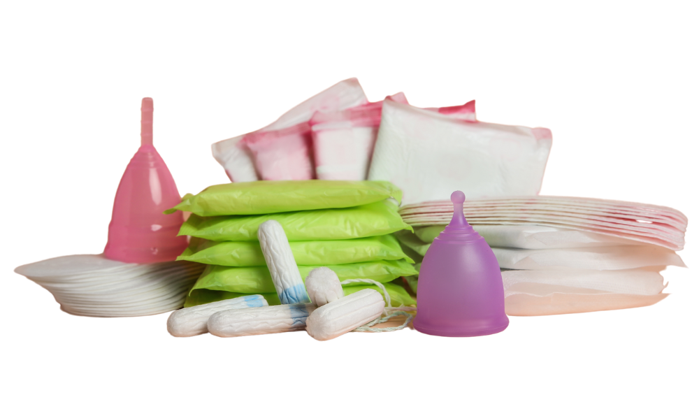 A group of period products - tampons, menstrual cup, sanitary towels and menstrual cups.