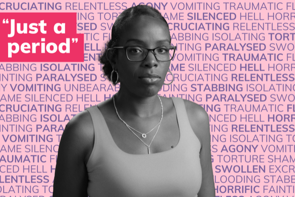 "Just a Period" Photo of Tanya with a pink background of words describing period experiences, such as pain, flooding, excruciating